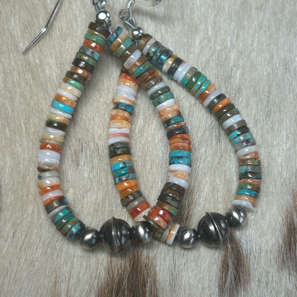 Native American 2” Multi colored Heishi Shells & sterling silver Dangle Earrings